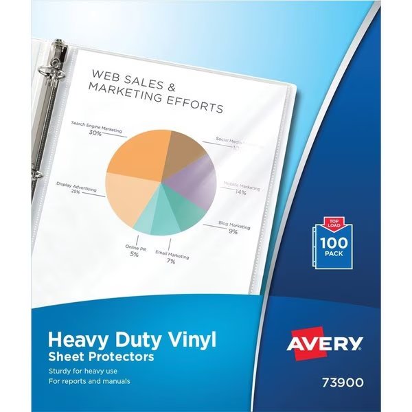 Protector, Sheet, Vinyl, Clear 100PK, Avery, Mfr#: AVE73900